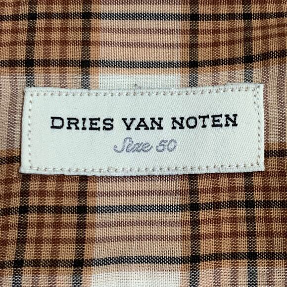 DRIES VAN NOTEN Size M Cream Brown Black Plaid Cotton Sheer Short Sleeve Shirt - Picture 6 of 7
